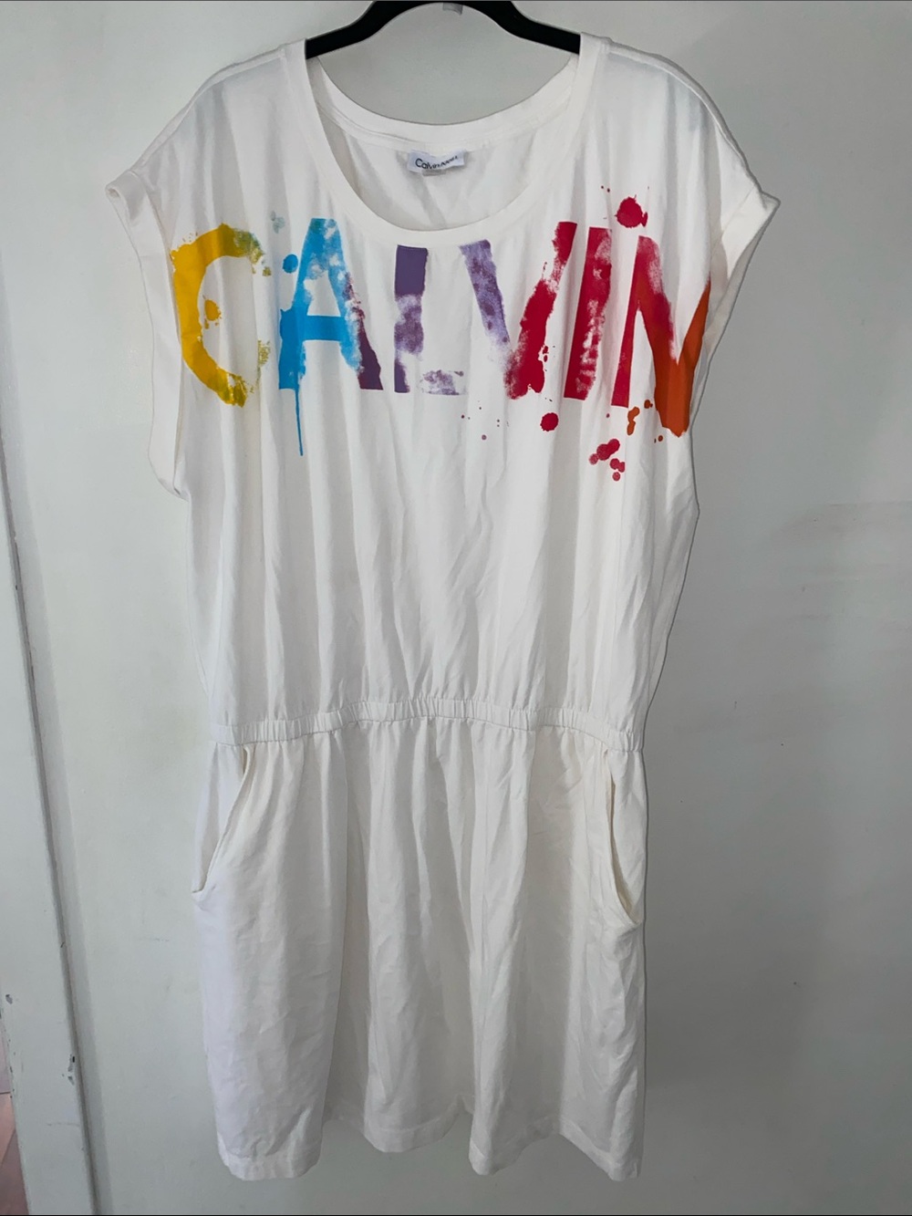Calvin Klein White women’s Dress with Yellow, Blue, Purple, Red, Orange Logo 1X